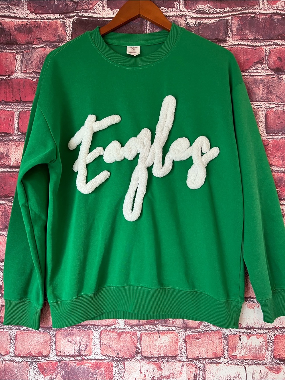 Kelly Green "Eagles" Chenille Script Patch Crewneck Sweatshirt L